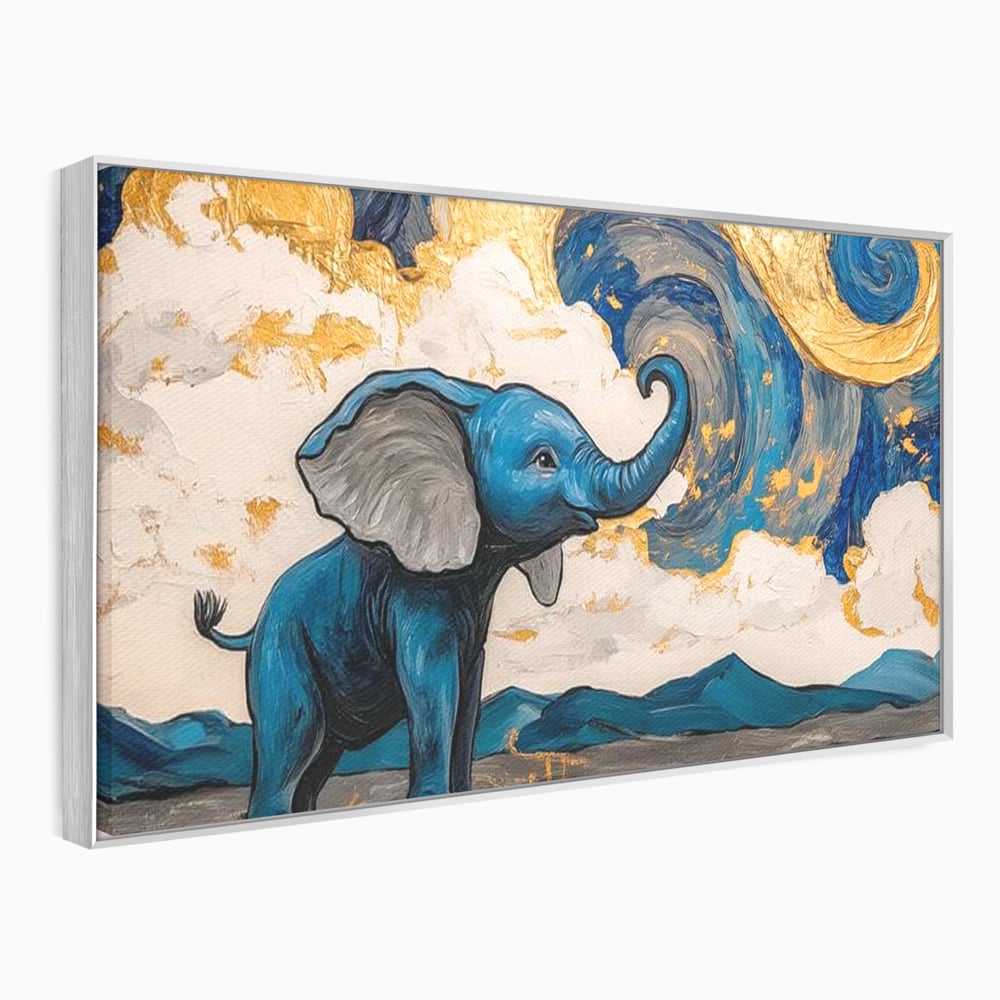 Tablou canvas cu tablou canvas cu elefant albastru, in rama de aluminiu argintiu